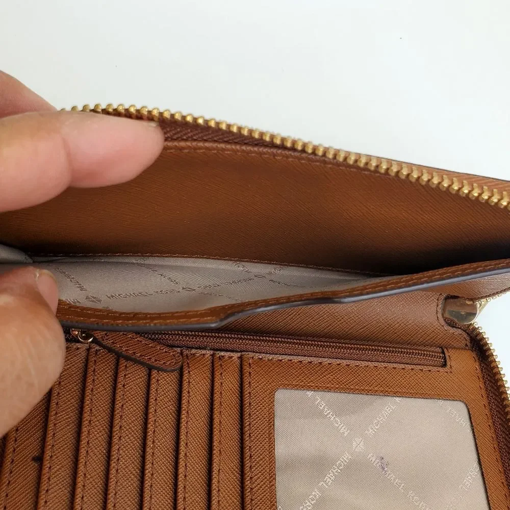 MICHAEL KORS Brown Saffiano Leather Zip-Around Wristlet Wallet